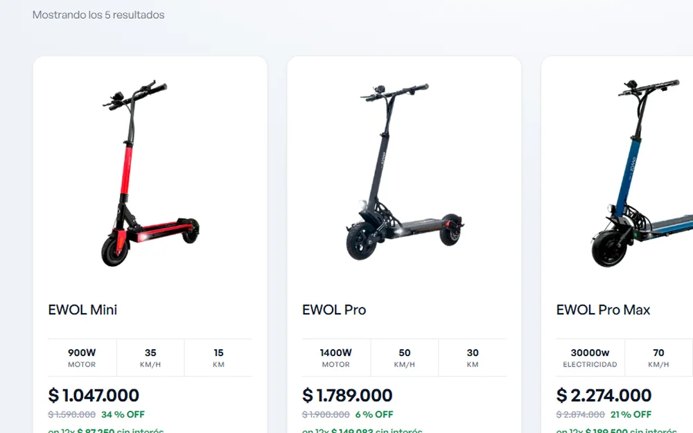 Página de tienda de EMOTION con filtros por categoría y precio, y cuatro modelos de monopatín con sus especificaciones y cuotas.