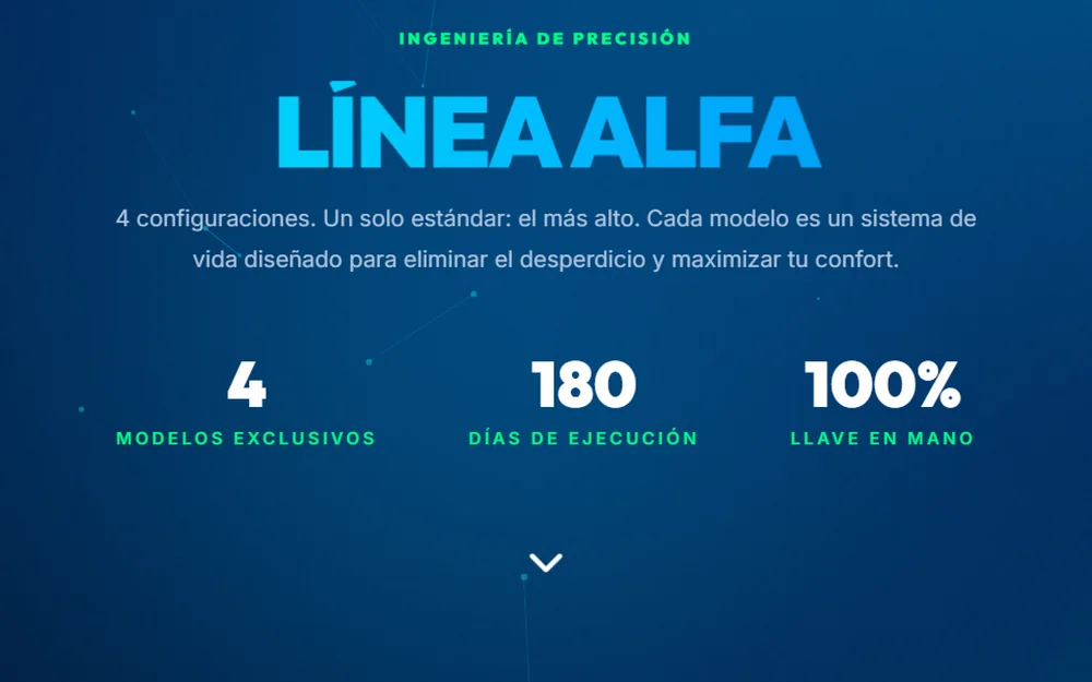 Página Línea Alfa de Innovar: el titular sobre fondo azul profundo y tres métricas — 4 modelos exclusivos, 180 días de ejecución, 100% llave en mano.
